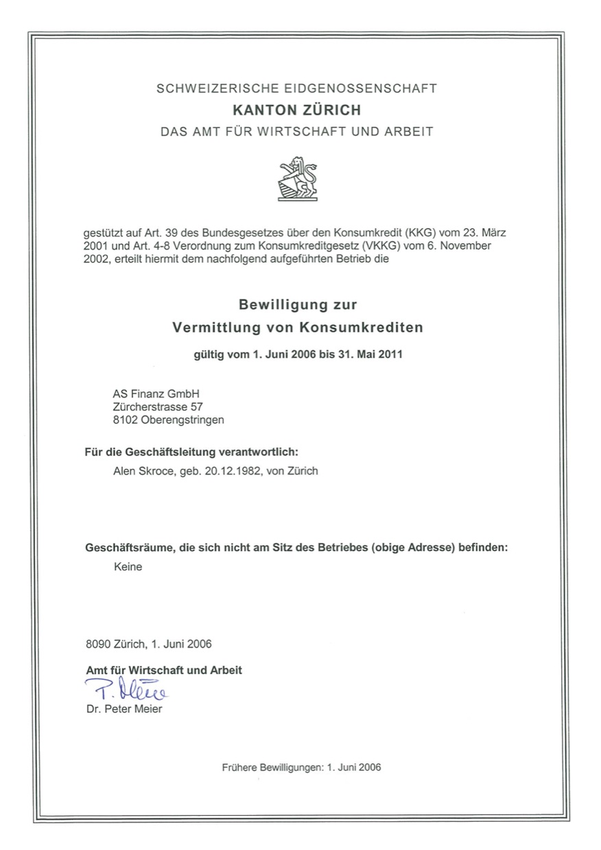 Autorisation d'intermédiation de crédits à la consommation, canton de Zurich, valable de 2006 à 2011
