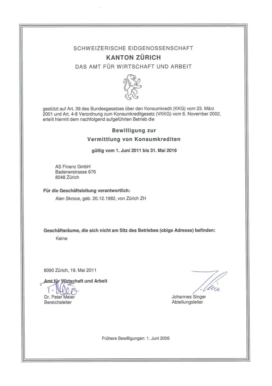 Autorisation d'intermédiation de crédits à la consommation, canton de Zurich, valable de 2011 à 2016