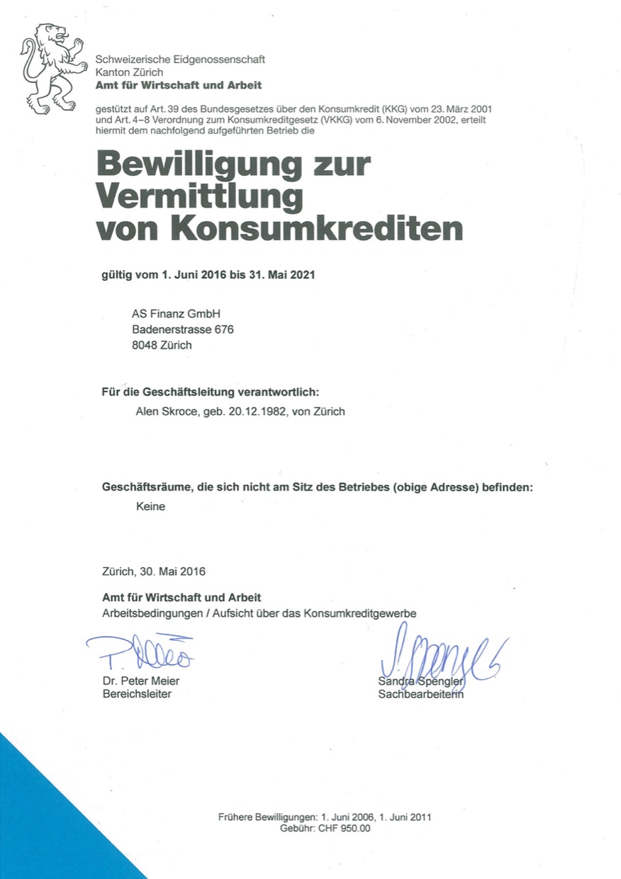 Autorisation d'intermédiation de crédits à la consommation, canton de Zurich, valable de 2016 à 2021