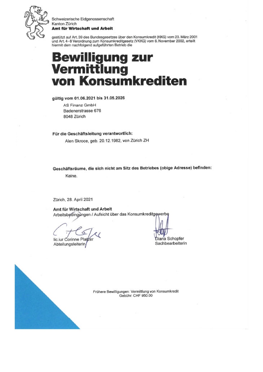 Autorisation d'intermédiation de crédits à la consommation, canton de Zurich, valable de 2021 à 2026